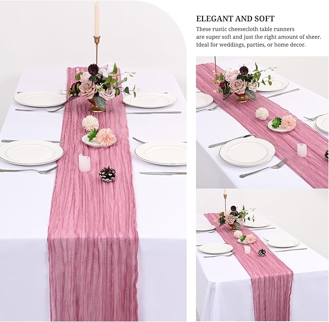 24 Pack Dusty Rose Cheesecloth Table Runner 120 inch Fall Thanksgiving Boho Rustic Gauze Farmhouse 10FT Cheese Cloth Runner for Baby Shower Wedding Party Holiday Home Decor