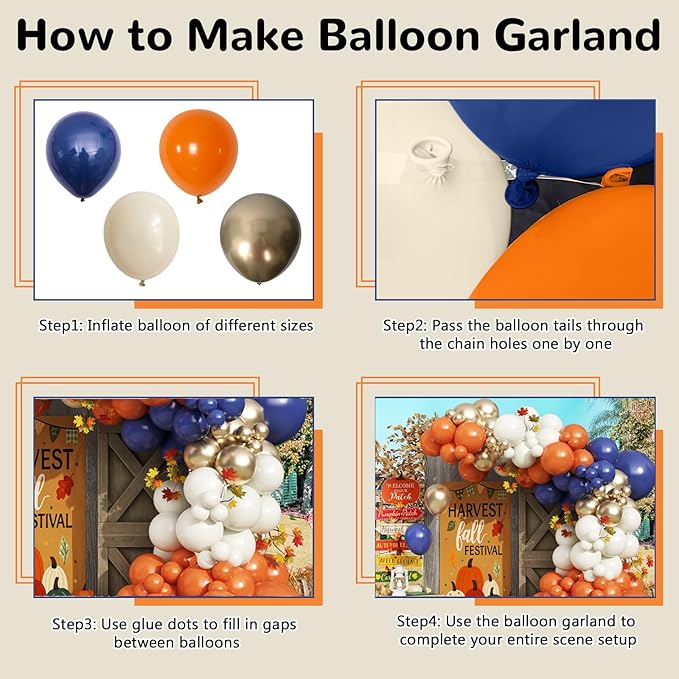 Fall Balloon Arch Kit, 129pcs Burnt Orange Retro Navy Blue White Sand Metallic Gold Fall Color Balloon Garland Arch for Birthday Harvest Autumn Thanksgiving Baby Shower Party Decorations