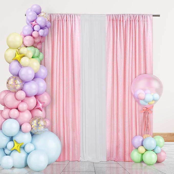 PartyDelight Pink Sequin Backdrop Curtains 2x8ft 2 Panels | 3mm stitched sequin curtain with 4 inch rod pocket for 2x8ft 2 panel doorway window side drape narrow photo booth strip
