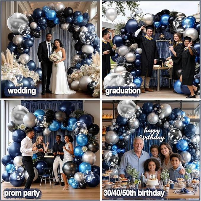 Navy Blue Black Balloon Arch Double Stuffed Dark Black Blue Silver Balloon Garland with Fringe Curtain Foil Balloons for Men Father's Birthday Baby Shower Graduation Anniversary Wedding Party Decor