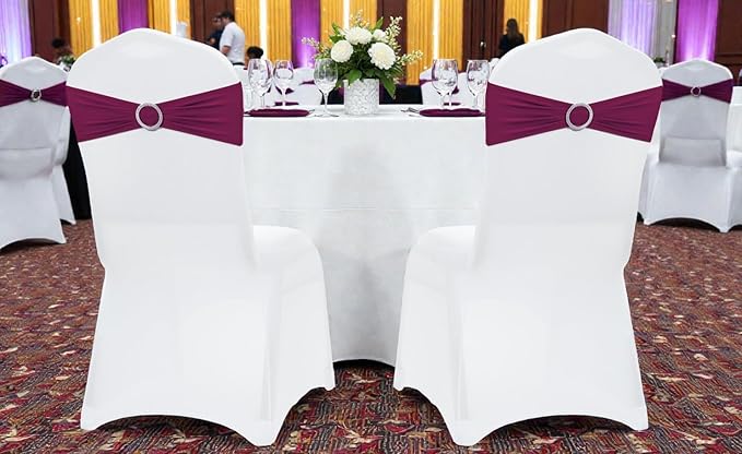 MDS Pack of 10 Spandex Chair Sashes Bow Premium Stretch Chair Cover Band with Buckle Slider Universal fits Elastic Dining Chair Ties for Wedding Party Banquet Events Decoration - Eggplant