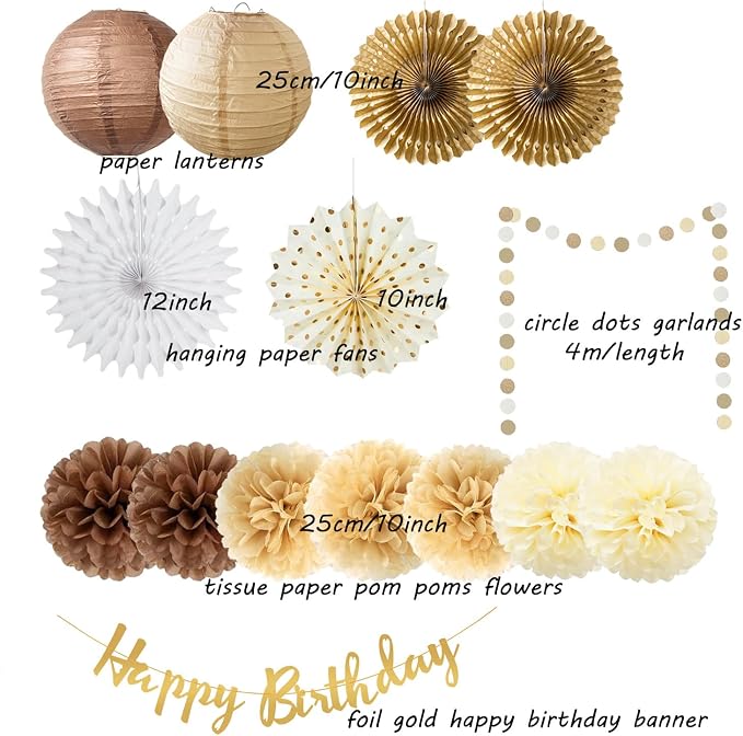 Brown Birthday Party Decorations White Brown Champagne Rustic Birthday Party Decoration Paper Pom Poms Flowers Hanging Paper Fans for Neutral Bear Baby Shower Boho Party Decoration