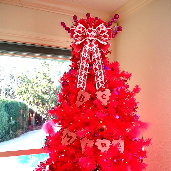 Valentines Day Tree Decorations, Valentine Tree Topper Bow with Red and Pink Heart for Valentines Day Wreath Wedding Holiday Party Wall Home Front Door Outdoor Decor