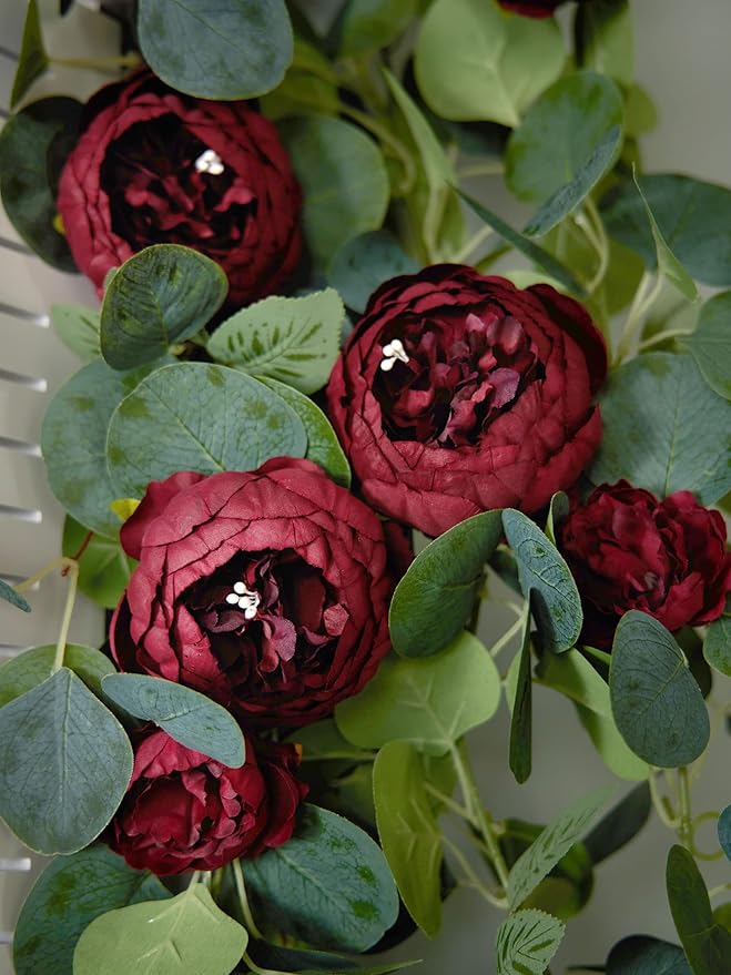 MISSPIN Artificial Eucalyptus Garland with Flower Vintage Faux Peony Rose Vine Greenery Decorative Table Centerpieces for Spring Wedding Arch Door Arrangement Party Decor
