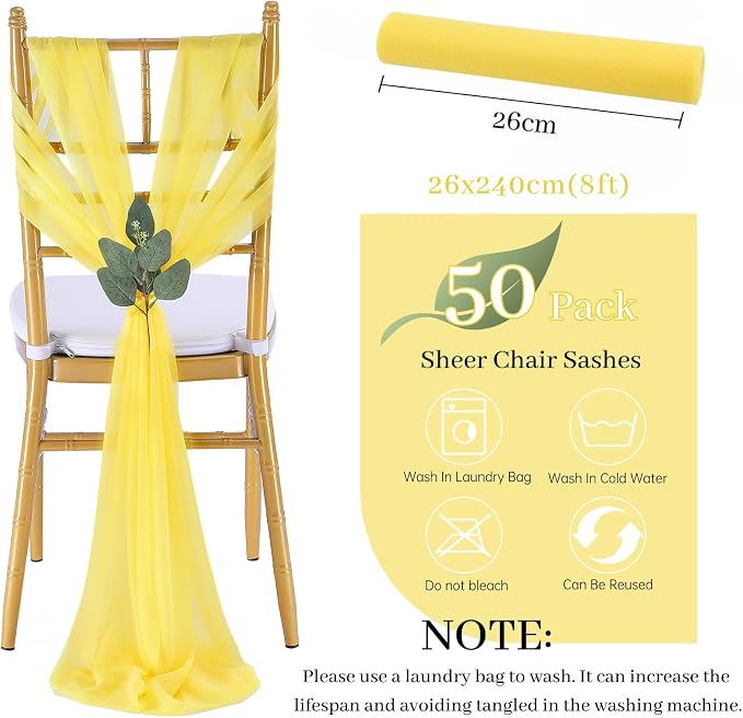 Yellow Chair Sashes Wedding Aisle Decorations: 50 Packs 8ft Long Draping Fabric Sheer Church Chair Cover Bulk for Party Banquet