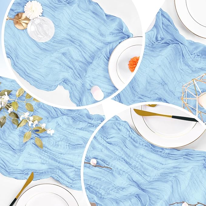 16 Pack Baby Blue Cheesecloth Table Runner 20 x 120 inch Gauze Table Runners 10 FT Long,Semi Sheer Cheese Cloth Fabric Table Runner Bulk for Wedding,Party,Baby Shower,Bridal Shower Decoration