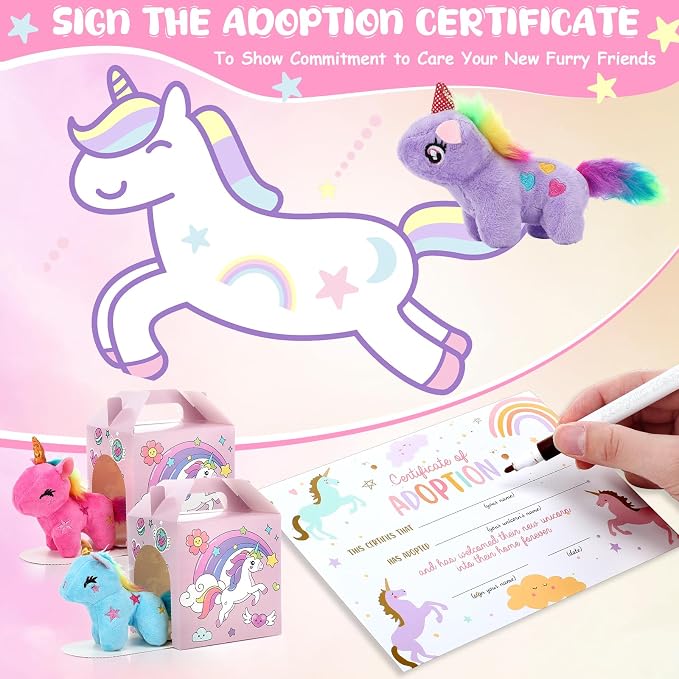 Blueweenly 84 Pcs Adopt a Pet Party Supplies 24 Mini Animals 10 White Plastic Fence 24 Paper Gift Boxes 24 Adoption Cards with Mini Chalkboard and Artificial Lawn(Unicorn)