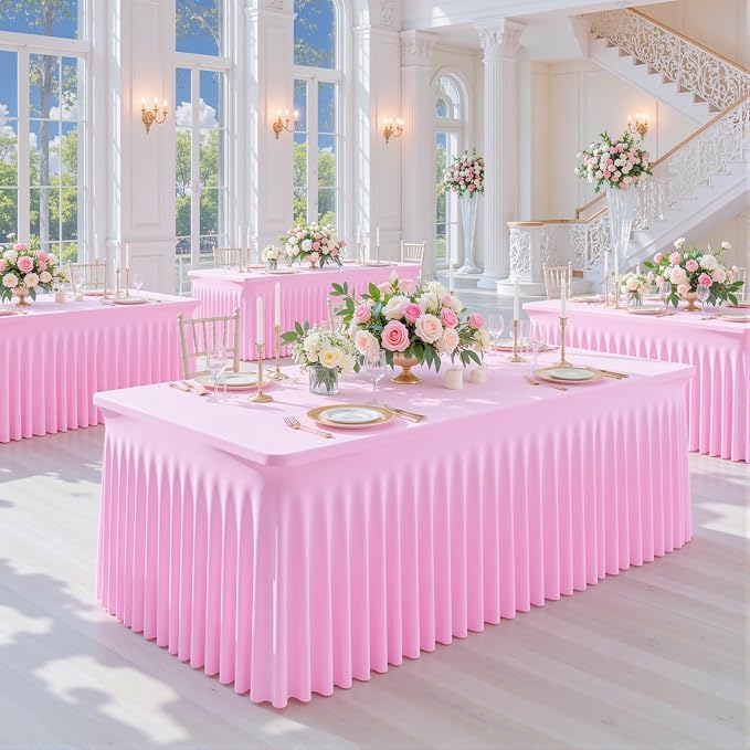 gogoparti 4 Pack Spandex Pink Fitted Table Cloth for 6ft Rectangle Tables Pink Stretch Tablecloth Table Covers Banquet Table Clothes Wrinkle Free Table Skirt for Parties Wedding