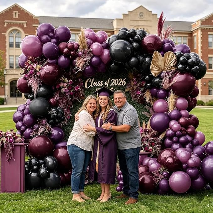 Dark Purple Black Balloons Garland Double Stuffed Black Burgundy Plum Balloon Arch Kit for Gothic Birthday Bridal Shower Mother's Day Graduation Party Decorations