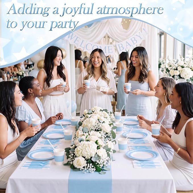 Funnymoom 452 Pcs Light Blue and White Party Supplies Serves 50 Guest, Baby Blue Paper Plates Cups Napkins Tablecloth Cutlery Straw Tableware Set for Baby Shower Birthday Wedding Party Decoration