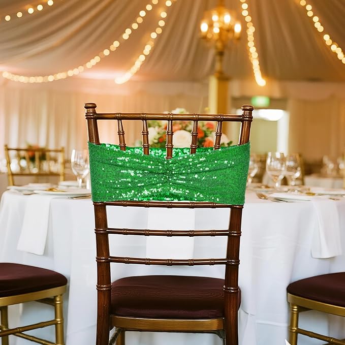 Poise3EHome Green Sequin Chair Sashes,Folding Chair Cover Bands for Christmas Party Ceremony Banquet Decorations, 10 PCS