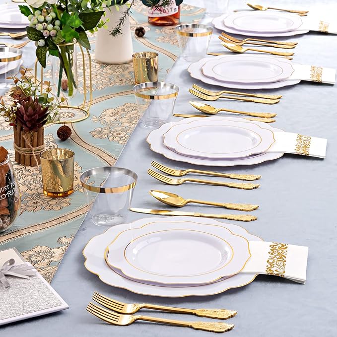 NOCCUR 175PCS Gold Plastic Plates with Disposable Silverware - White Gold Plastic Tableware Include 25 Dinner /25 Dessert Plates, 75 Cutlery, 25 Cups, 25 Napkins - Ideal for Party/Wedding