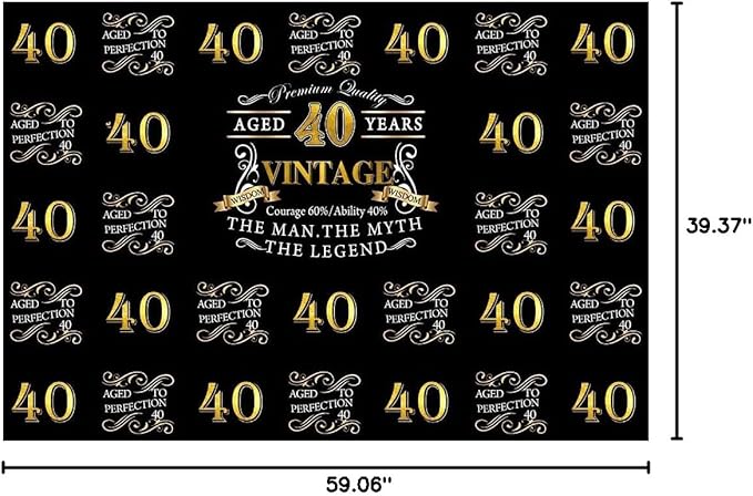 OERJU 5x3ft Happy 40th Birthday Backdrop for The Man The Myth The Legend Birthday Party Background Banner Black Gold Photography Photo Aged 40 Years Forty Birthday Back Drops Vinyl Studio Props