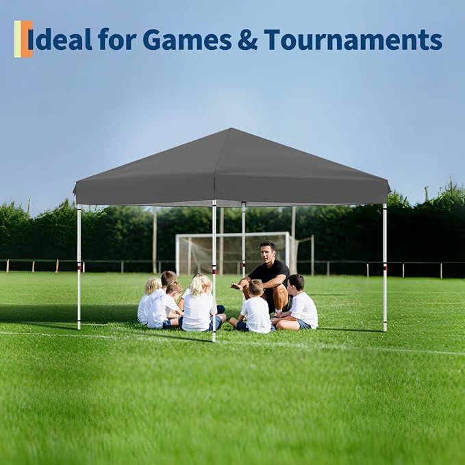 GarveeLife 10x10 Pop Up Canopy with One Button Push Setup - Heavy Duty Outdoor Canopy Tent with Portable Roller Bag - 3 Adjustable Height, 4 Weight Bags, 8 Stakes & 4 Guy Ropes Included, Grey