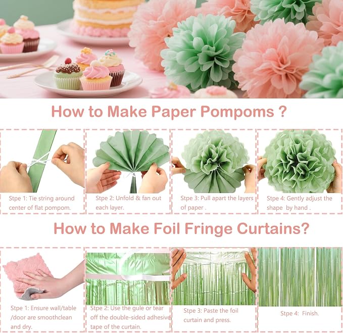 Pink and Green Birthday Decorations, Party Décor for Women, Happy Birthday Decorations with Birthday Banner Fringe Curtain