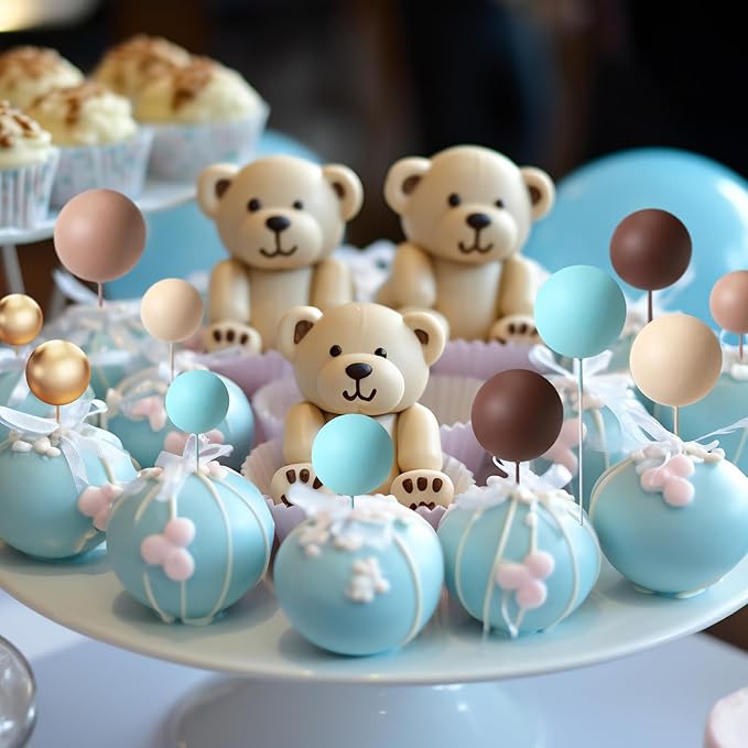Geelin 101 Pcs Teddy Bear Ball Cake Toppers Decors Blue Brown Gold Khaki Mini Balloons Foam Balls Cake Toppers for Bear Birthday Cupcake Baby Shower Wedding Decoration