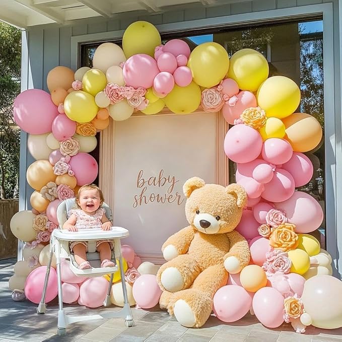 Pastel Pink Yellow Balloon Arch, Double Stuffed Light Yellow Pink Ivory Balloon Garland Kit Latex Peach White Beige Balloons for Birthday Baby Shower Easter Wedding Bridal Shower Bee Bear Party Decor