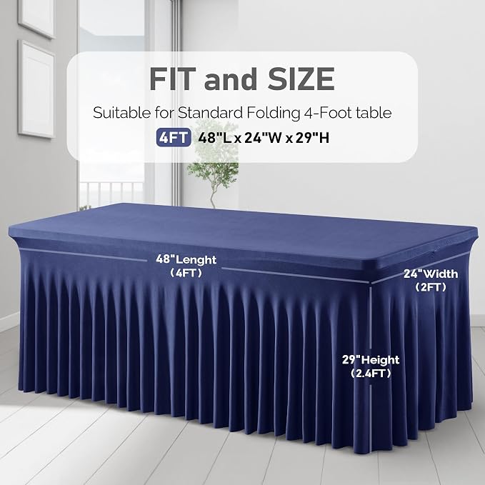 2 Packs Navy Blue Tableclothes for 4 Foot Rectangle Tables, One-Piece Wrinkle Resistant Stretch Spandex Table Covers with Table Skirt for Event Banquet Wedding Birthday Party