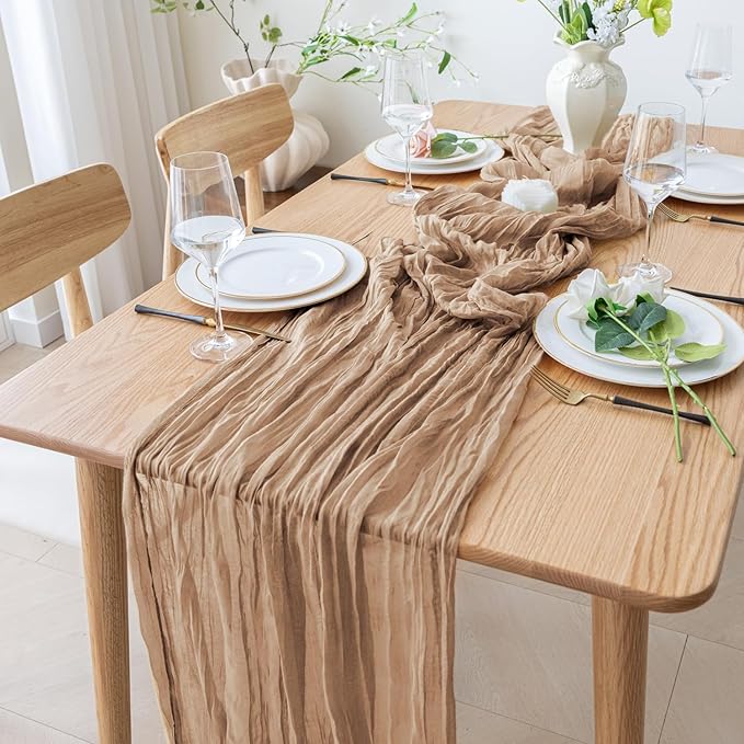 4PCS Table Runner Cheesecloth 10FT Nude Boho Gauze Cheese Cloth Rustic Sheer Table Runners for Wedding Bridal Baby Shower Party Decoration