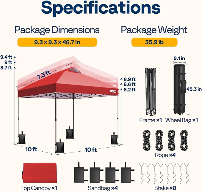 VIVOHOME 10x10ft Pop Up Canopy Tent One Push Setup Outdoor Portable Shelter Tent Heavy Duty with Wheel Carry Bag and 4 Sandbags, Red