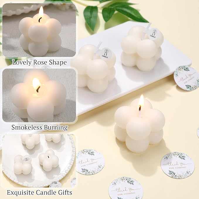 MTLEE 24 Sets Greenery Wedding Favors Party Candle Small Bubble Candle Favors for Guests Tea Candles Bulk with Stylish Ribbons Cards Gifts for Bridal Shower(White, Leaves)