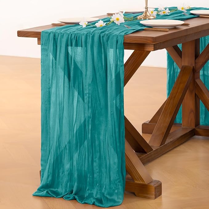 Socomi 2pcs Teal Blue Spring Cheesecloth Table Runner Boho Rustic Gauze 120 inch 10FT Cheese Cloth Runner for Wedding Party Baby Shower Birthday Home Decor