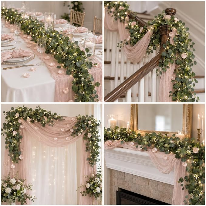 Cinrobiye 11PCS Boho Cheesecloth Table Runner Set 120'' Gauze Table Runner with Wrinkled Napkins Eucalyptus Garland and String Lights for Wedding Baby Shower Tea Party Table Decorations (Blush Pink)