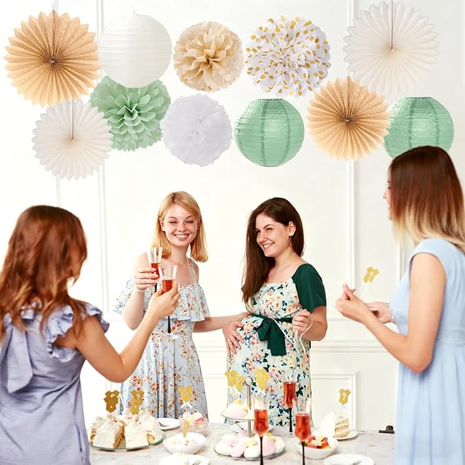 Sage Green White Welcome Baby Shower Party-Decorations - 22pcs Girl Boy Woodland Champagne Gender Neutral Banner, Paper Lanterns Streamers,Tissue Paper Pom Poms Flowers Fans Garland Decor Sign Hugmoon