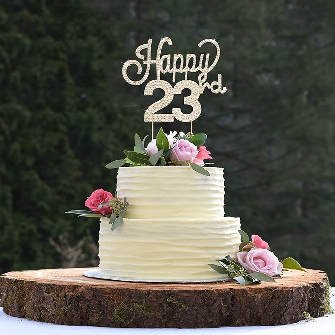 LINGTEER Happy 23rd Birthday Gold Rhinestone Cake Topper - Cheers to 23rd Birthday 23 Years Old Party Cake Centerpieces Topper Decorations Gift Sign.