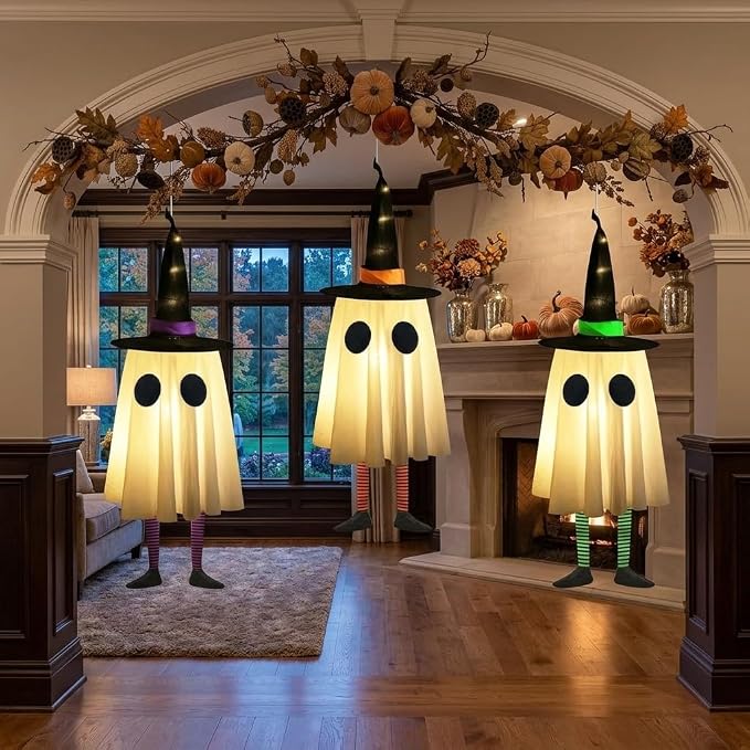 Halloween Hanging Ghosts, Halloween Ghost Decor with Witch Hat for Outdoor | Set of 3, Unique Ghost & Witch Fusion Design, Indoor and Outdoor Use, Cute and Spooky Design, Soft Lightweight Fabric