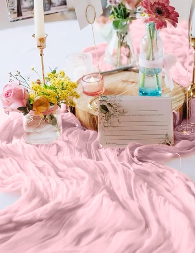 12 Pack Pink Cheesecloth Table Runner 10FT Light Pink Boho Gauze Cheese Cloth Table Runner Rustic Sheer Fabric Table Runners for Wedding Bridal Shower Baby Shower Party(21.5×120 Inch)