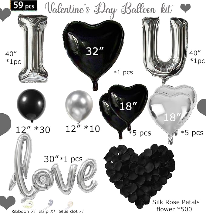 I Love You Balloons for Him/Her Balloons Black and silver romantic balloon kit with heart LOVE mylar balloons Black rose petals for hotel Dec orations Valentines Party wedding anniversary supplies