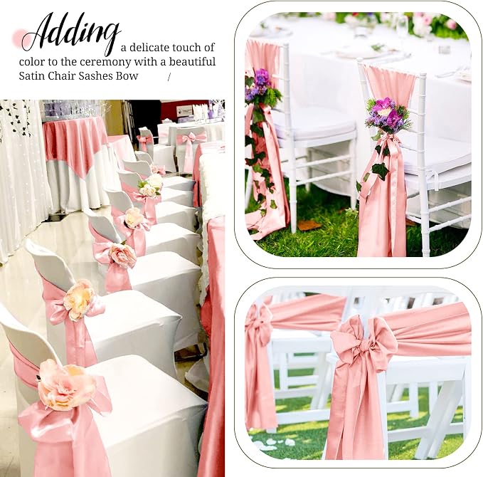 Pesonlook 60 PCS Rose Gold Satin Chair Sashes Bows,Satin Chair Sashes Universal Chair Cover for Wedding Reception Restaurant Event Decoration Banquet,Party,Hotel Event Decorations (7 x 108 inch)