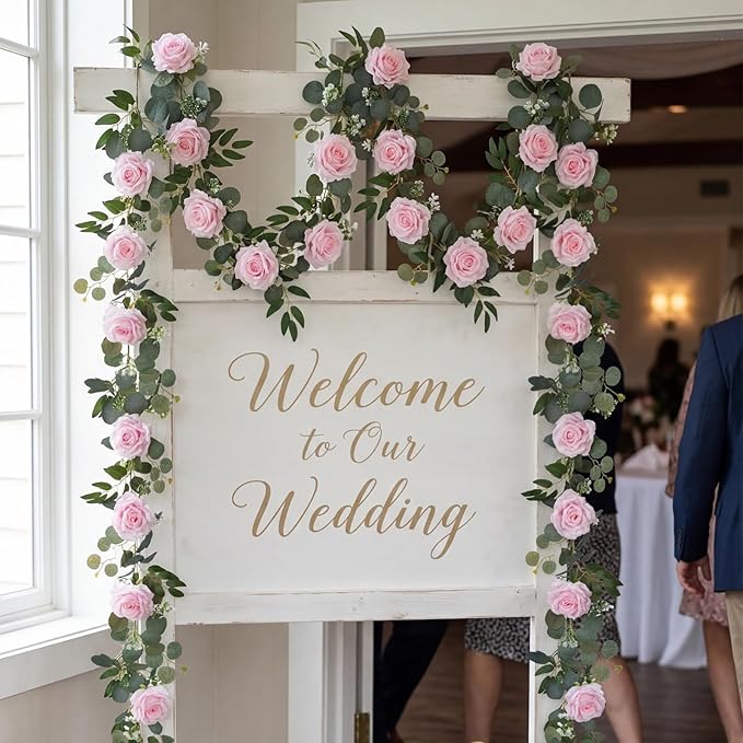 AuroraAria Pink Flower Garland, 2 Pack Total 11.6FT Artificial Eucalyptus Garland with Roses, Floral Greenery Garland for Wedding Arch, Spring Home Decor