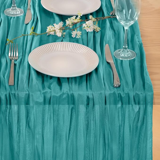 MLMC 3 Pack Teal Table Runner 10ft Spring Sheer Gauze Cheesecloth Table Runner Cheese Cloth Centerpiece Decororations 35x120 Inches for Easter Wedding Bridal Baby Shower Birthday Party Decor