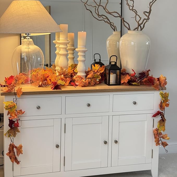 CQURE 16 Pack Fall Leaf Garland, 5.9Ft Autumn Garland Artificial Maple Leaf Fall Maple Leaves Hanging Vines Thanksgiving Decor for Home Christmas Fireplace Party