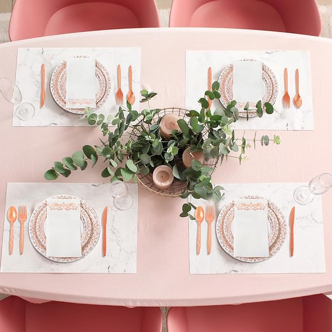 Didaey 700 Pcs Disposable Dinnerware Set for 100 Guests Include 200 Paper Plates, 300 Plastic Silverware, 100 Paper Cups, 100 Napkins for Wedding Birthday Party Supplies (White Rose Gold Pattern)