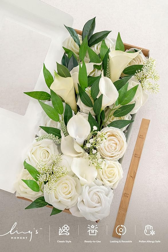 Ling's moment Fake Flowers Box, Faux Artificial Greenery Stems Foam Roses Silk Peony Willow Lily Fabic Flower for Centerpieces Bouquet Wedding Vase Floral Decorations, White & Green, Deluxe Combo