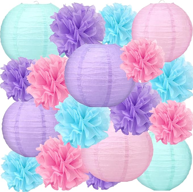 18pcs Blue Paper Lanterns Decoration Purple Blue White Hanging Décor Pom Poms Paper Flower Party Supply for Baby Shower Wedding Valentine Birthday Party