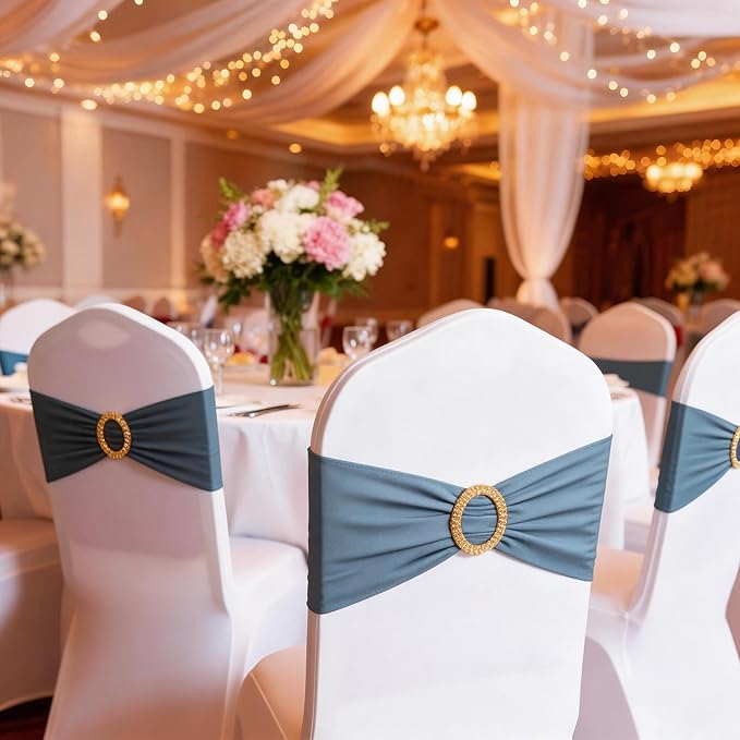 Pack of 50 Spandex Dusty Blue Chair Sashes with Gold Buckles, Stretch Chairs Bands Bows for Wedding Birthday Party Baby Shower Christmas Events Decorations (Dusty Blue Sashes, Gold Buckles)