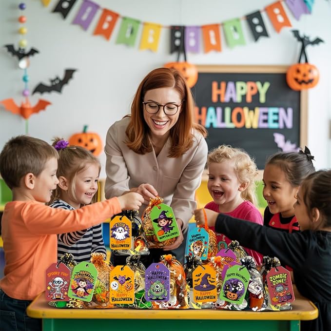VKTEN 24 Pack Halloween Party Favors for Kids–Prefilled Mesh Treat Bags with Toys, Gift Tags & Twine–Trick or Treat Goodie Bag Fillers, Classroom Prizes & Exchange Gifts