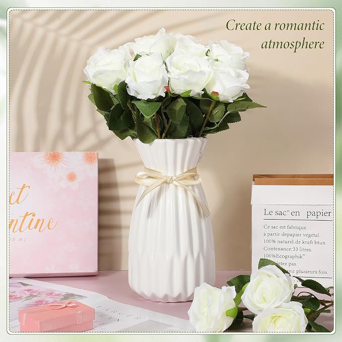 Hotop 20 Pcs Artificial Rose Flowers with Long Stem, Real Lifelike Silk Realistic Plastic Bouquet Roses Bulk for Home Decor Bridal Wedding Party Table Centerpieces Decorations(White)