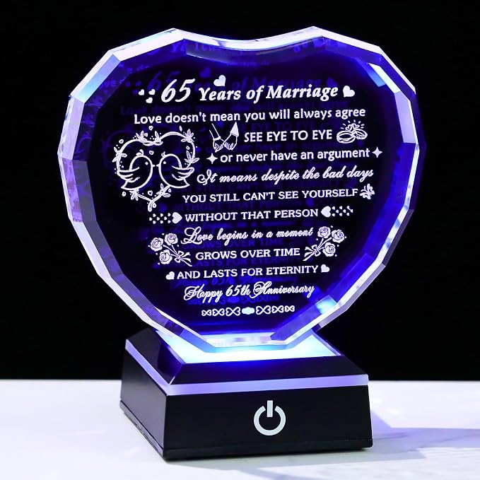Arikyrist 65th Wedding Anniversary Crystal Gifts for Couple Parents, Happy 65th Anniversary Heart Keepsake Decorations Gifts for Wife Husband, Romantic 65 Years of Marriage Gift for Him Her Friends