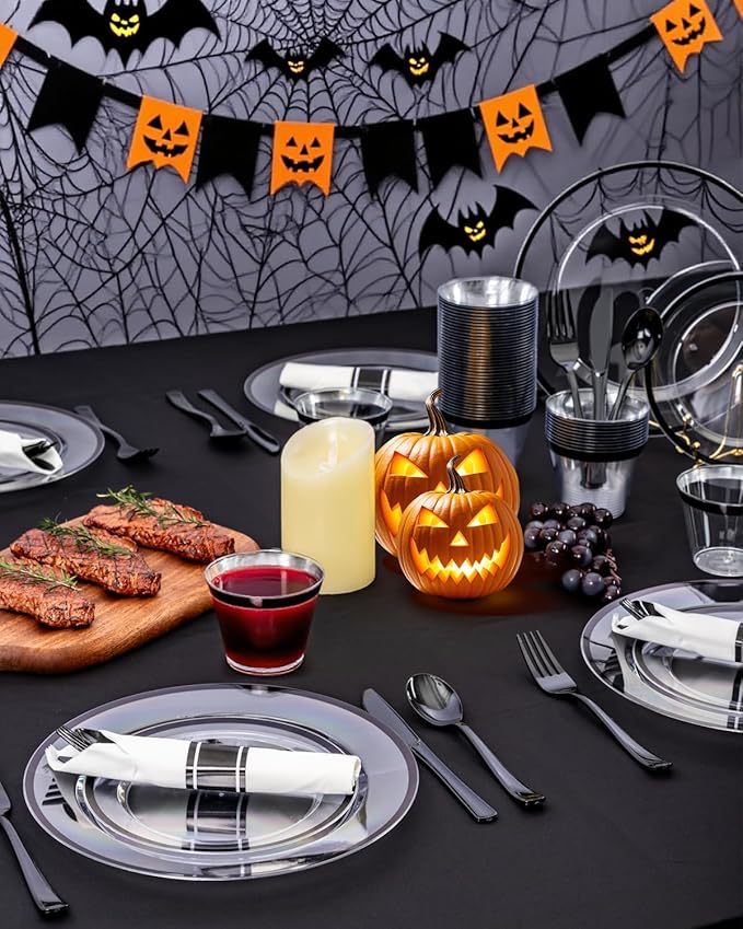 BESTVIP 700Pcs Clear Black Plastic Plates for Party,Disposable Dinnerware Set for 100 Guests, 200 Plastic Plates,100 Cups,100 Pre-Rolled Napkins with Cutlery for Graduation Party, Wedding, Halloween