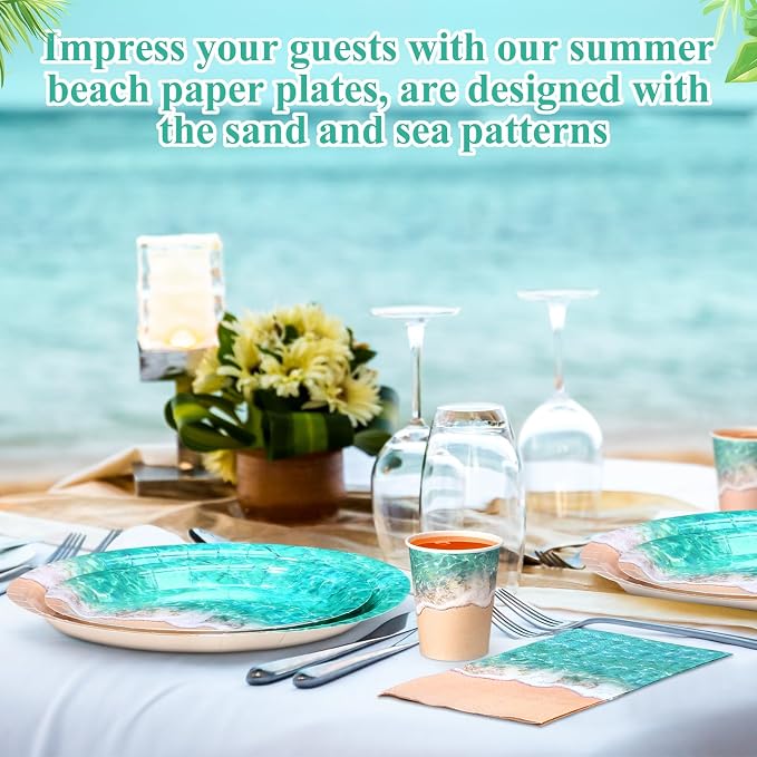 Funnymoom 250 Pcs Beach Party Decoration Ocean Waves Paper Plates Napkins and Cups Nautical Sea Shore Ocean Pool Party Tableware Set for Summer Beach Tropical Hawaii Birthday Decorations, Serves 50