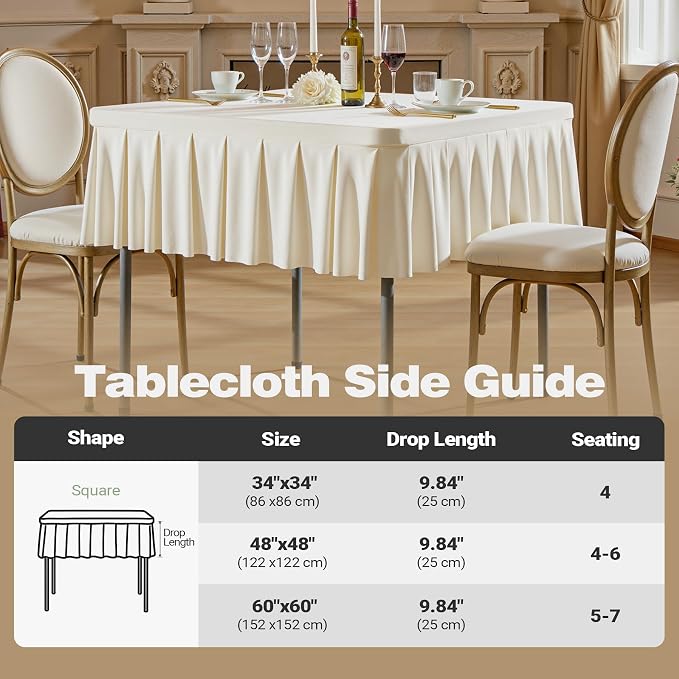 Shillance 34x34 Inch Ivory Spandex Square Tablecloth,Wrinkle Free Ivory Fitted Table Cloth for Square Tables,Washable Pleated Table Cover for Wedding Birthday Cocktail Party Buffet Dinner Camping