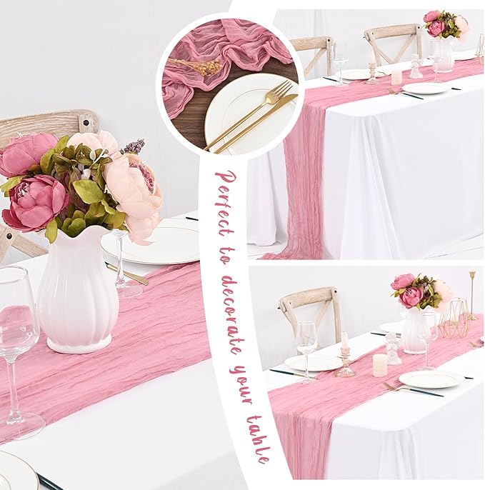 24 Pack Dusty Rose heesecloth Table Runner ,10FT Cheese Cloth Table Runner for Wedding Decor, 20x120inch Rustic Boho Gauze Table Runners for Wedding Party Bridal Shower