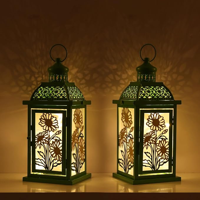 Spring Decorations for Home, 14.4" Decorative Daisy Green Lantern with 61" LED Lights(No Battery) for Home Indoor Outdoor Decor, Hanging Metal Candle Holders for Spring St.Patrick’s Day Gift