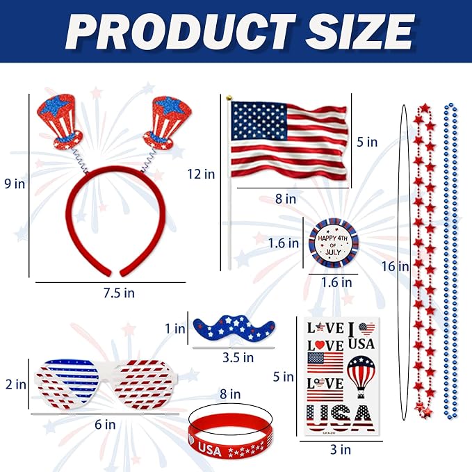 136PCS 4th of July Accessories - Patriotic Party Pavors Fourth of July Supplies USA Themed Decoration Memorial Independence Day American Flag Headband Shutter Glasses Tattoo Sticker Necklace