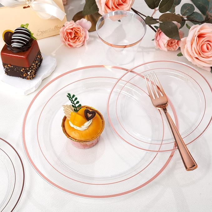 bUCLA 600PCS Clear Rose Gold Plastic Dinnerware Set Disposable - Include 100 Dinner Plates, 100 Dessert Plates, 100 Knives, 100 Forks, 100 Spoons, 100 Cups for Party, Wedding & Mother's Day